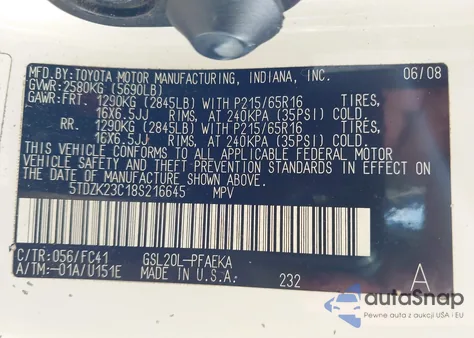 2008 Toyota Sienna Le из США, поврежденный, VIN 5TDZK23C18S216645